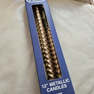 3 Gold Metallic Taper Candles 12" Twist in Box Ami